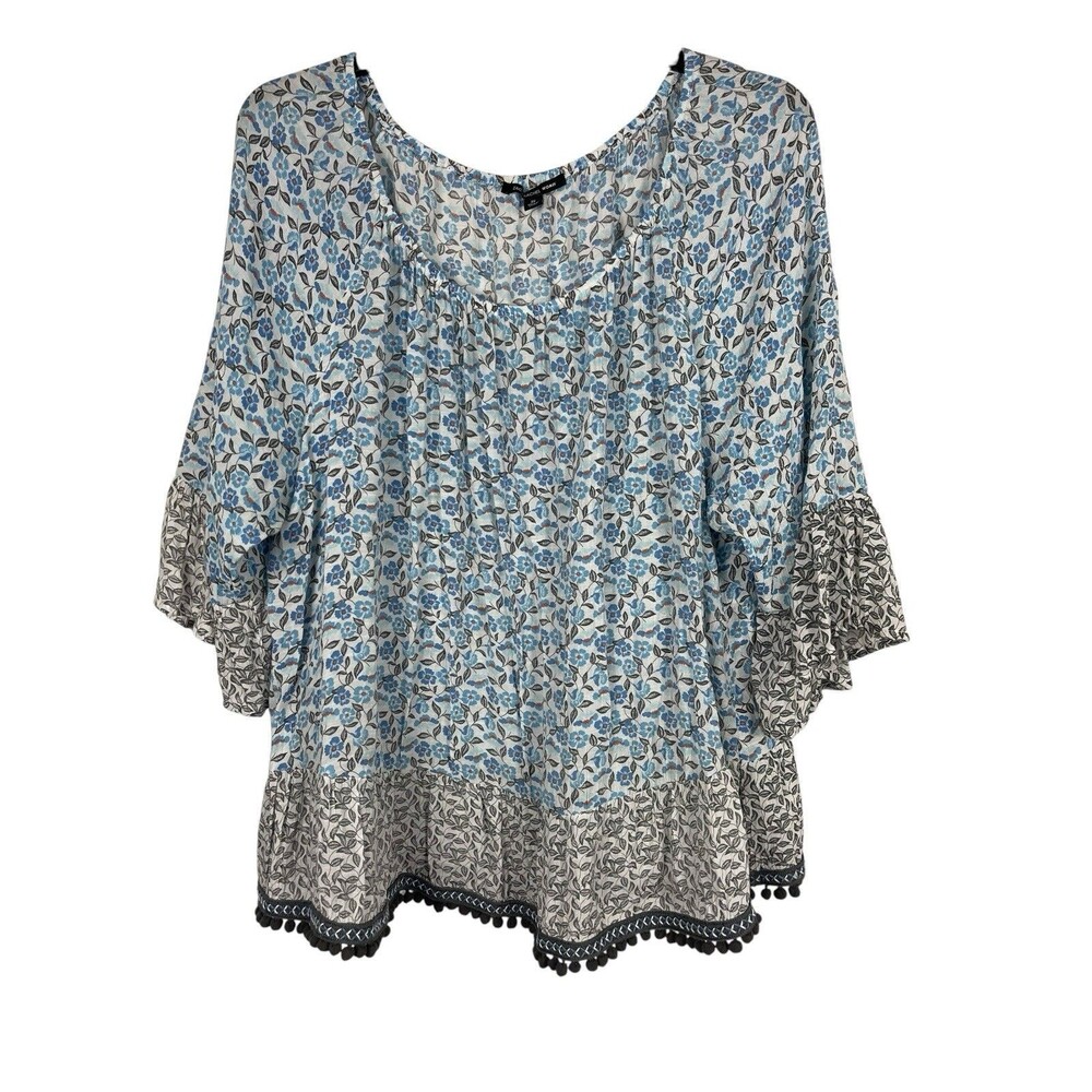 Zac & Rachel Womens 3X Blue Floral Boho Peasant Top Pom Pom  On Off Shoulder